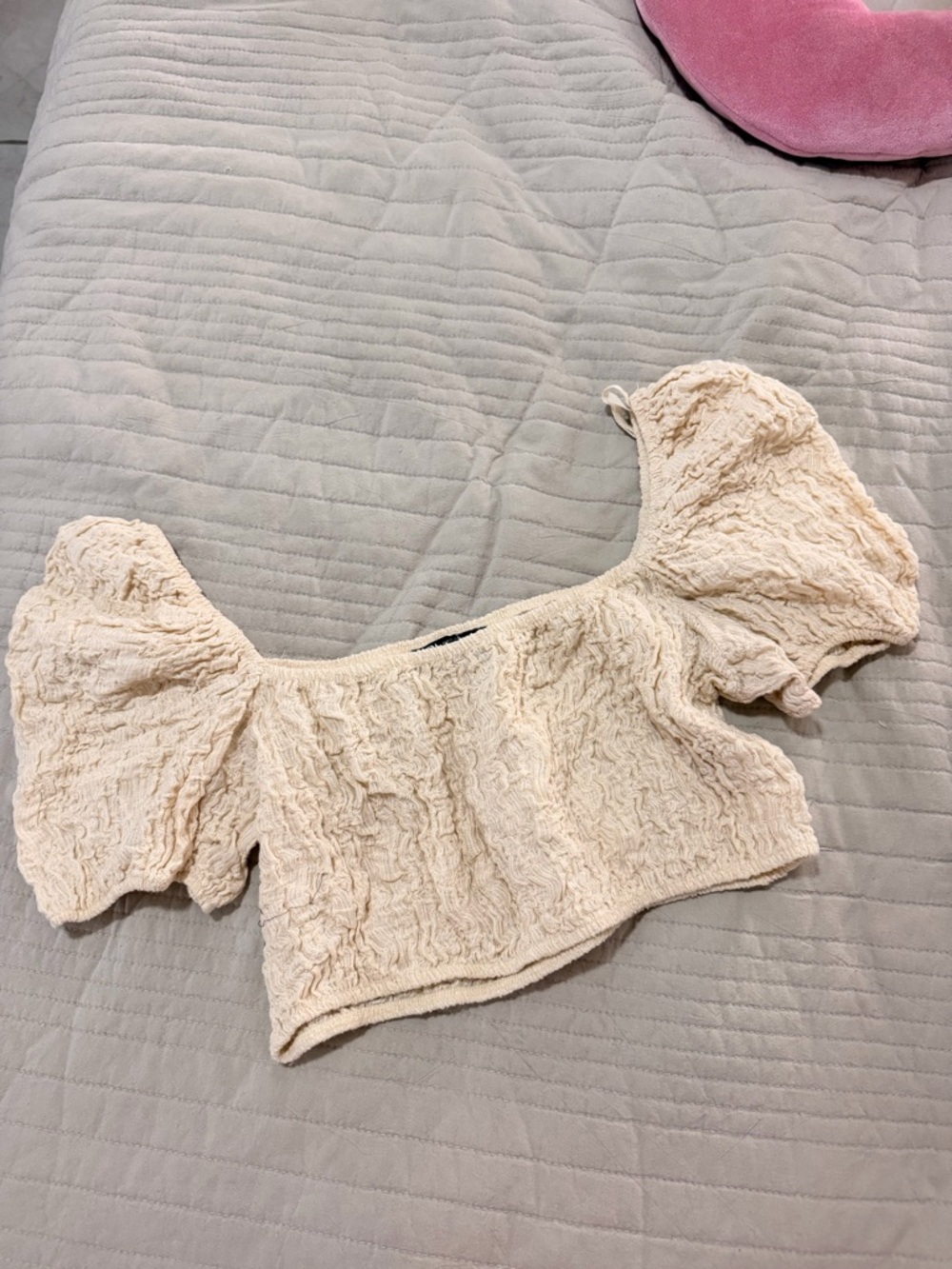 Zara Cream Textured Puff-Sleeve Crop Top